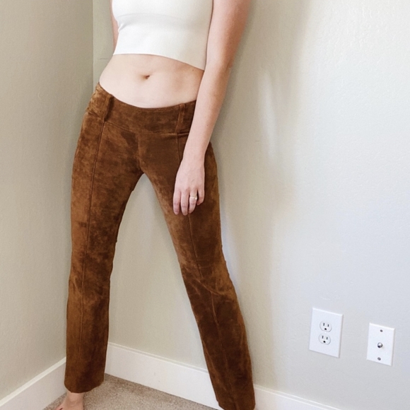 Vintage y2k Super Low Rise Brown Leather Suede Flare Pants - Picture 3 of 4